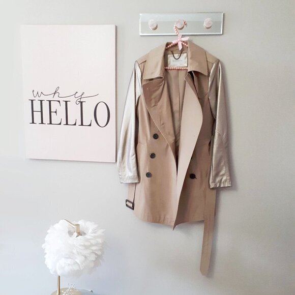 Preloved BCBG belted khaki gold faux leather sleeve trench coat jacket - Picture 9 of 16